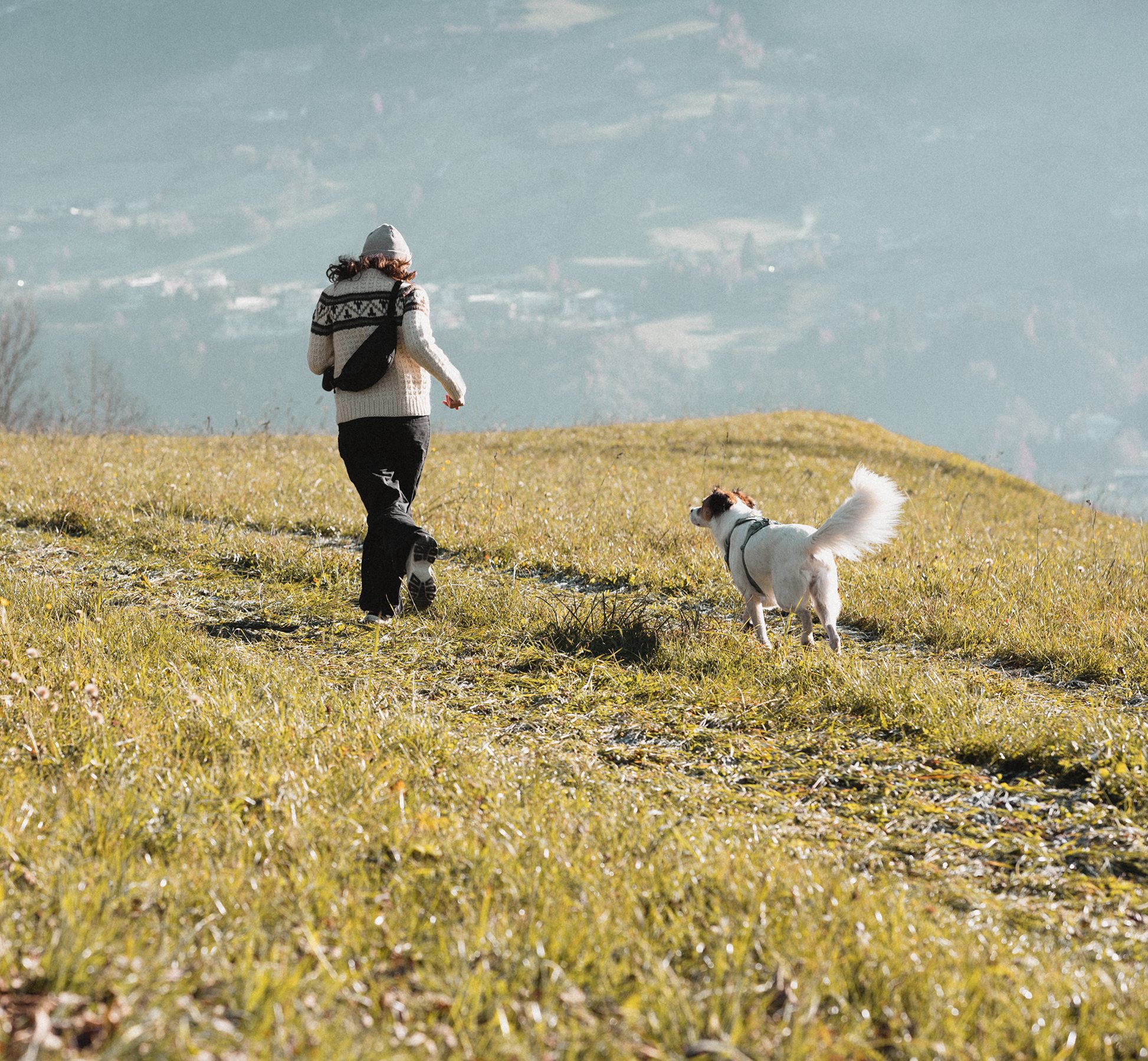 Die Hundetrainerin Katja Stadler und ihre Hündin Lucy laufen auf dem Feld.